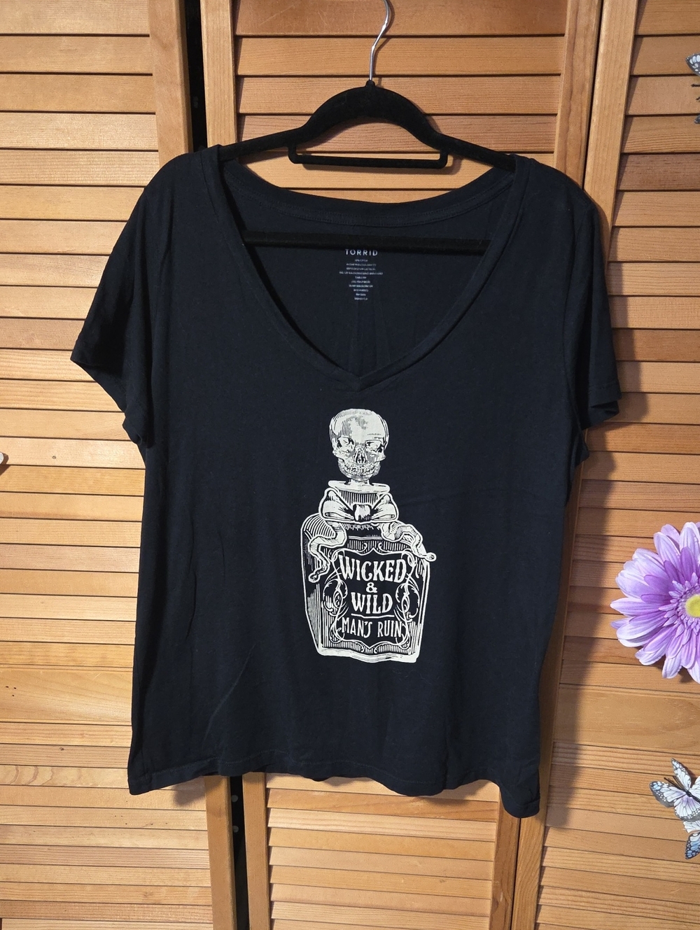 Torrid Vintage 2014 Black V-Neck Graphic Tee with White Skull Bottle Print